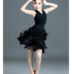 Girls kids black fringe latin dance dresses for children salsa rumba chacha performance costumes outfits for children