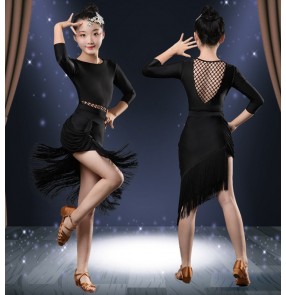 Girls kids black latin dance dresses tassels modern dance ballroom latin dance dress for girls stage performance dance wear for kids