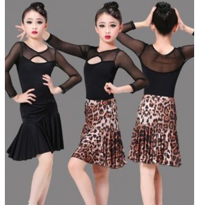 Girls kids black leopard printed latin dance dress leotard top and skirts modern ballroom latin performance costumes for children