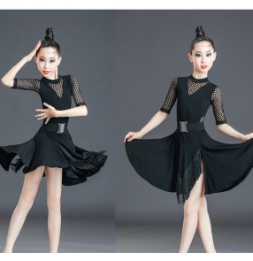 Girls kids black mesh tassels latin dance dresses salsa ballroom stage performance outfits for children