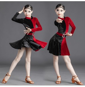 girls Kids black red leopard velvet ballroom latin dance dresses for children Art Examination Competition ballroom Latin Dance Practice Costumes