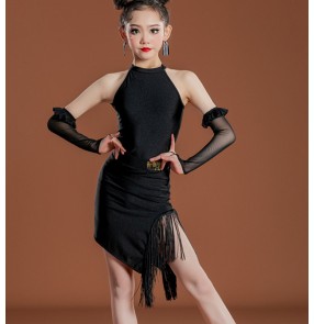 Girls kids black red tassels latin dance dresses ballroom salsa cha cha rumba irregular skirts ballroom performance outfits for children