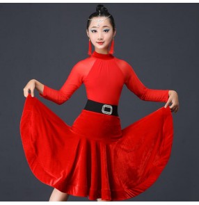 Girls kids black red velvet competition latin dance dresses stage performance rumba chacha dance dresses costumes