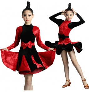 Girls kids Black red velvet latin dance dress long sleeves patchwork stage performanace ballroom latin dance dress for girls