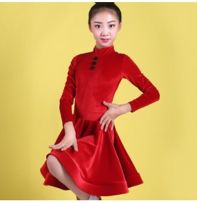 Girls kids black red velvet latin dance dresses salsa rumba chacha dance dress costumes