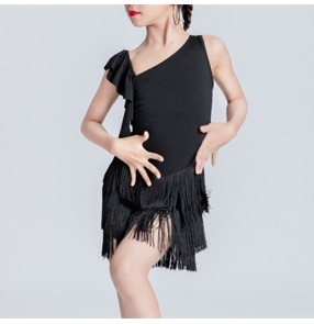 Girls kids black tassels latin dance dresses slant neck sleeveless baby salsa ballroom performance costumes for children