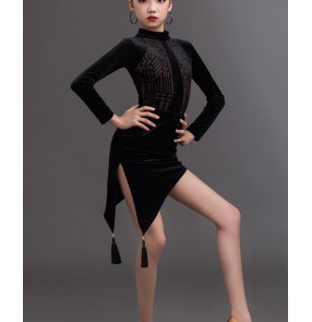 Girls kids black velvet fringed Latin dance Dresses modern latin ballroom Dance practice costumes long-sleeved latin ballroom dance wear