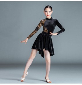 Girls kids black velvet latin dance dresses competition stage performance latin ballrom dance costumes ballroom dance wear for girls 