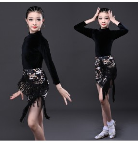 Girls kids Black velvet with leopard tassels competition latin dance dresses ballroom salsa chacha rumba dancing outfits children