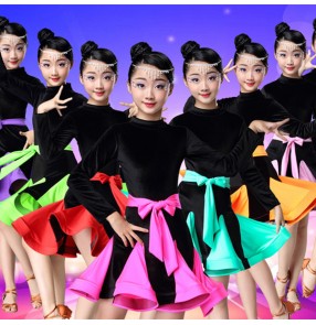 Girls kids black velvet with pink purple red mint latin dance dresses practice stage performance latin ballroom dance costumes for Toddlers