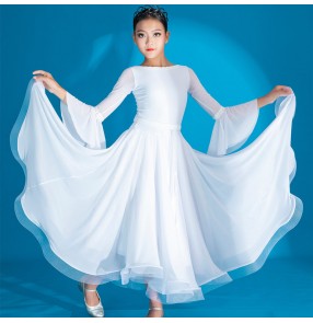 Girls kids black white competition ballroom dance dress long flare sleeves big wing stage performance latin ballroom dance costumes for children