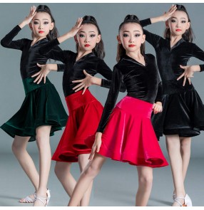 Girls kids black with fuchsia red dark green velvet ballroom latin dance dresses professsional latin salsa performance costumes for Children
