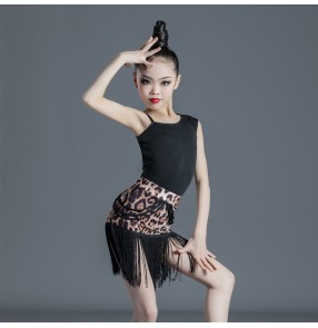 Girls kids black with leopard fringe latin dance dresses kids children ballroom salsa tassels performance outfits for children