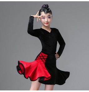 Girls kids black with red velvet latin dance dresses stage performance salsa rumba chacha dance dress costumes