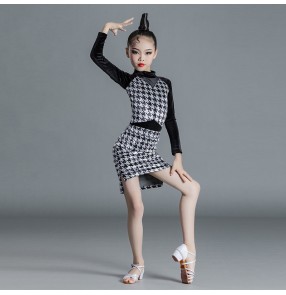 Girls kids black with white Houndstooth Latin Dance Dress velvet latin ballroom dance skirt  long-sleeved performance competition latin dance costumes for girl