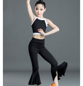 Girls kids black with white latin dance dress ballroom latin performance costumes stage performance tops and pants for children