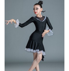 Girls kids black with white latin dance dresses ruffles long sleeves salsa latin performance costumes for children