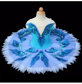 Girls kids blue birds swan lake ballet dance dresses competition tutu pancake skirt ballet dance costumes