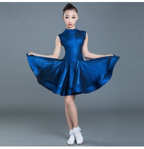 Girls kids blue competition latin dance dresses ballroom salsa chacha dance dresses