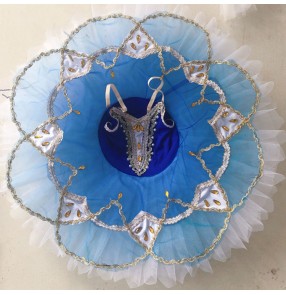 Girls kids blue flowers classical pancake bellerina ballet dress