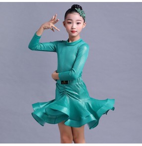 Girls kids  blue gold color latin dance dresses stage performance slasa rumba chacha dance dresses