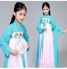 Girls kids blue hanfu chinese folk dance costumes ancient traditional princess fairy dresses anime drama cosplay kimono dress