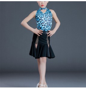 Girls kids blue leopard with black latin dance dresses modern ballroom salsa latin dance performance outfits for Children