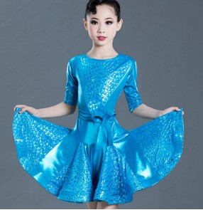 Girls kids blue pink competition latin dance dresses stage performance salsa samba chacha dance dress dance costumes