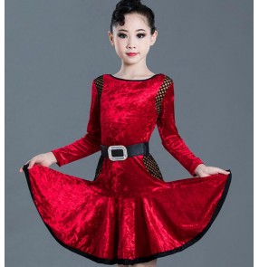 Girls kids blue red velvet competition latin dance dresses stage performance modern dance salsa rumba chacha dance dress costumes