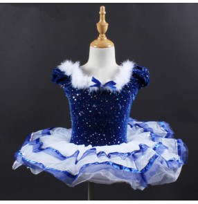 Girls kids blue velvet ballet dance dresses stage performance fluff skating dresses