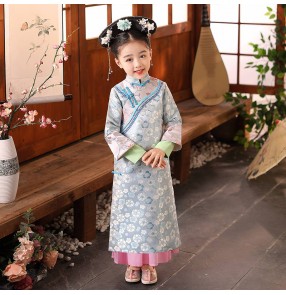 Girls  Kids blue yellow Chinese Qing Dysty Manchu princess cosplay Costume Qing dynasty palace Gege princess dance flag dress photos shooting dress for baby