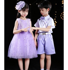 Girls kids boys pink purple jazz dance costumes modern dance princess choir kindergarten school performance outfits for children