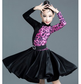 Girls kids brown fuchsia leopard velvet competition latin dance dresses salsa rumba chacha dance costumes