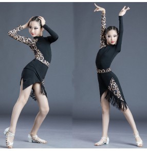 Girls kids brown silver leopard tassels competition latin dance dresses salsa rumba stage performance modern dance ballroom performance dresses