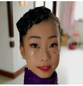 Girls kids children ballroom latin dance competition headdress stage performance salsa dance hair accesories wig side bangs