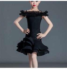 Girls kids children black latin dance dresses modern salsa chacha ballroom latin performance outfits for girls