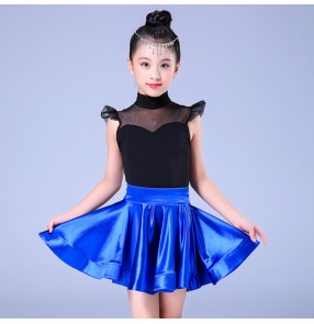 Girls kids children black with pink latin dance dresses stage performance samba salsa chacha dance dress skirts