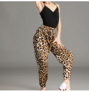 Girls kids children brown silver leopard printed latin dance pants ballroom stage performance latin dance trousers for children