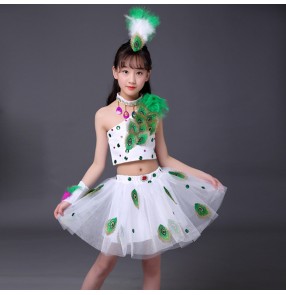 Girls kids children jazz dance peacock dance dresses stage performance modern dance drama cosplay dress costumes