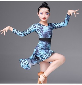 Girls kids children latin dance dress kids children blue leopard printed samba salsa chacha dance dresses