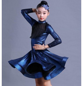 Girls kids children navy red fringes latin dance dresses salsa rumba chacha dance dresses