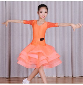 Girls kids children orange colored ballroom latin dance dresses stage performance costumes dress