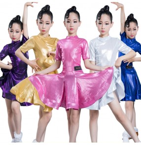 Girls kids children pink blue gold colored competition latin dance dresses salsa rumba chacha dance skirts dresses