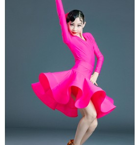 Girls kids children royal blue navy pink neon yellow competition latin dance dresses stage performance ballroom salsa dancing wear for Kids