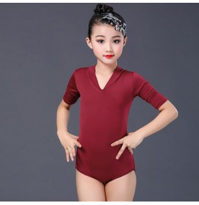 Girls kids children  wine black coloed competition latin ballroom salsa dance bodysuits tops