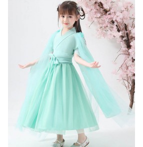 Girls kids chinese folk costumes pink mint white hanfu fairy dress princess host singers model show stage performance dress for girl tang suit birthday gift dress