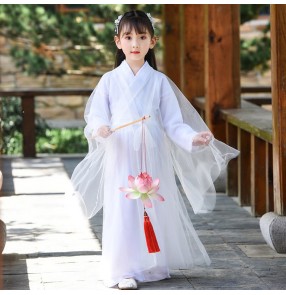 Girls kids chinese folk dance costumes Tang empress dresses blue pink white yellow colored children hanfu princess fairy drama cosplay dresses