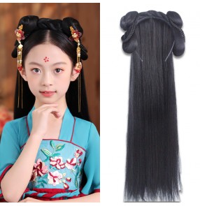 Girls kids Chinese Hanfu fairy dress cosplay Wig Hair Band Ancient Ming han Tang princess empress cosplay hair hoop wig one-piece hair bun for girl 