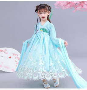 Girls kids chinese hanfu traditional tang princess drama cosplay dresses photos shooting stage performance fairy dresses for children