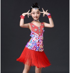 Girls kids competition professional latin dance dresses red sequins rhinestones rumba chacha latin performance skirts dress